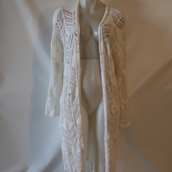 Womens Cotton by Autumn Cashmere Pointelle Knit Fringed Open Cardigan Duster S - Picture 5 of 15